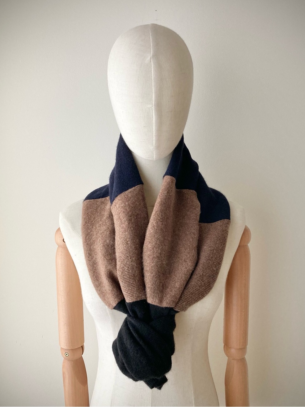 joodito 100% cashmere japanese boro wrap sweater scarf preppy tie patchwork navy